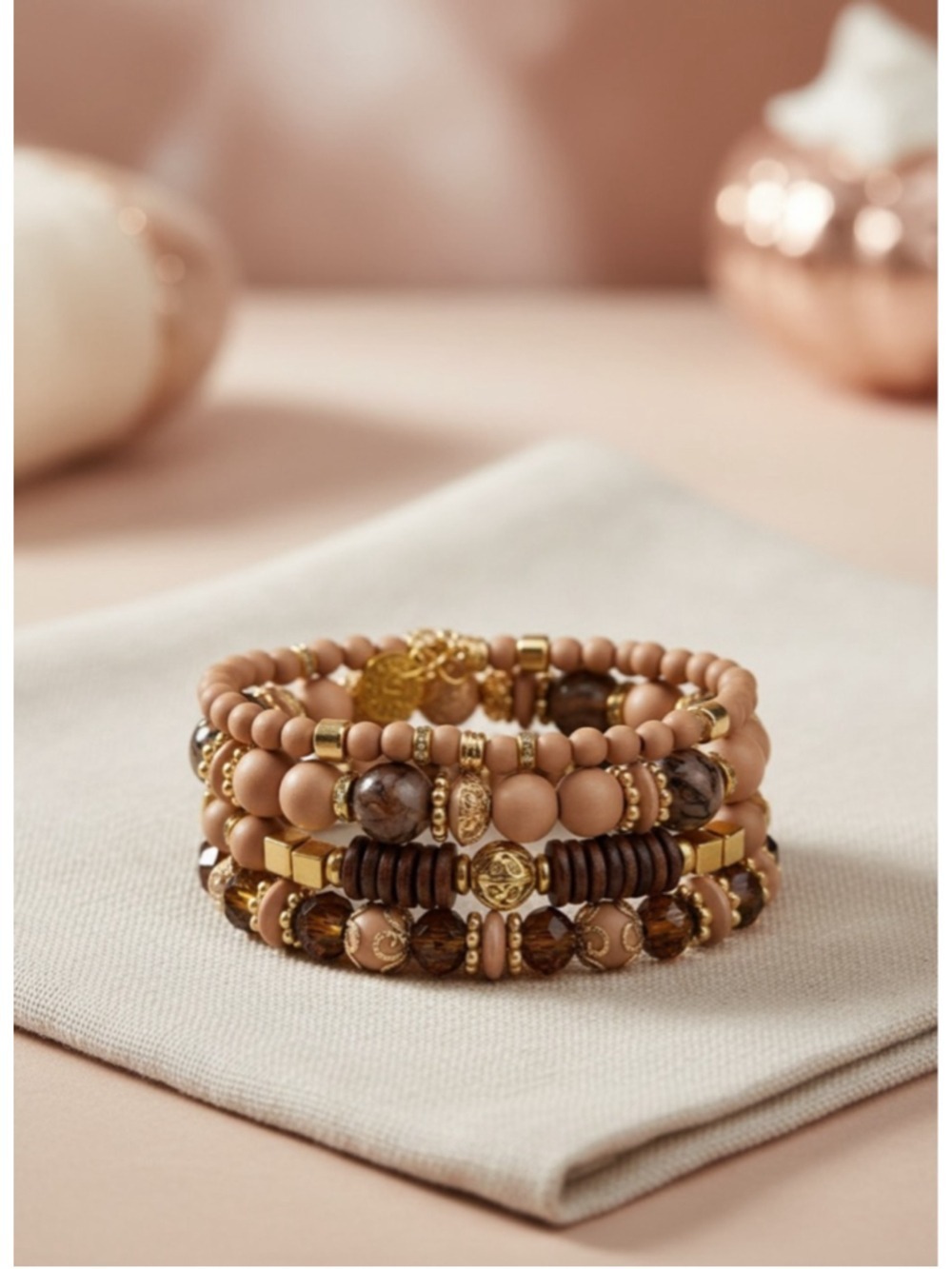 Boho Neutral Beaded Stretch Bracelet Set 5 Piece Stack New